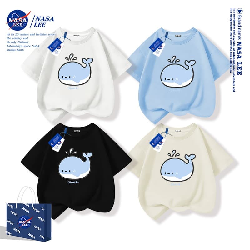 [จัดส่ง 48 ชั่วโมง] ผ้าฝ้ายแท้หลวม นาซ่า อเมริกันเสื้อยืดฤดูร้อนเด็กปลาวาฬน่ารัก ถูกต้อง แขนสั้น