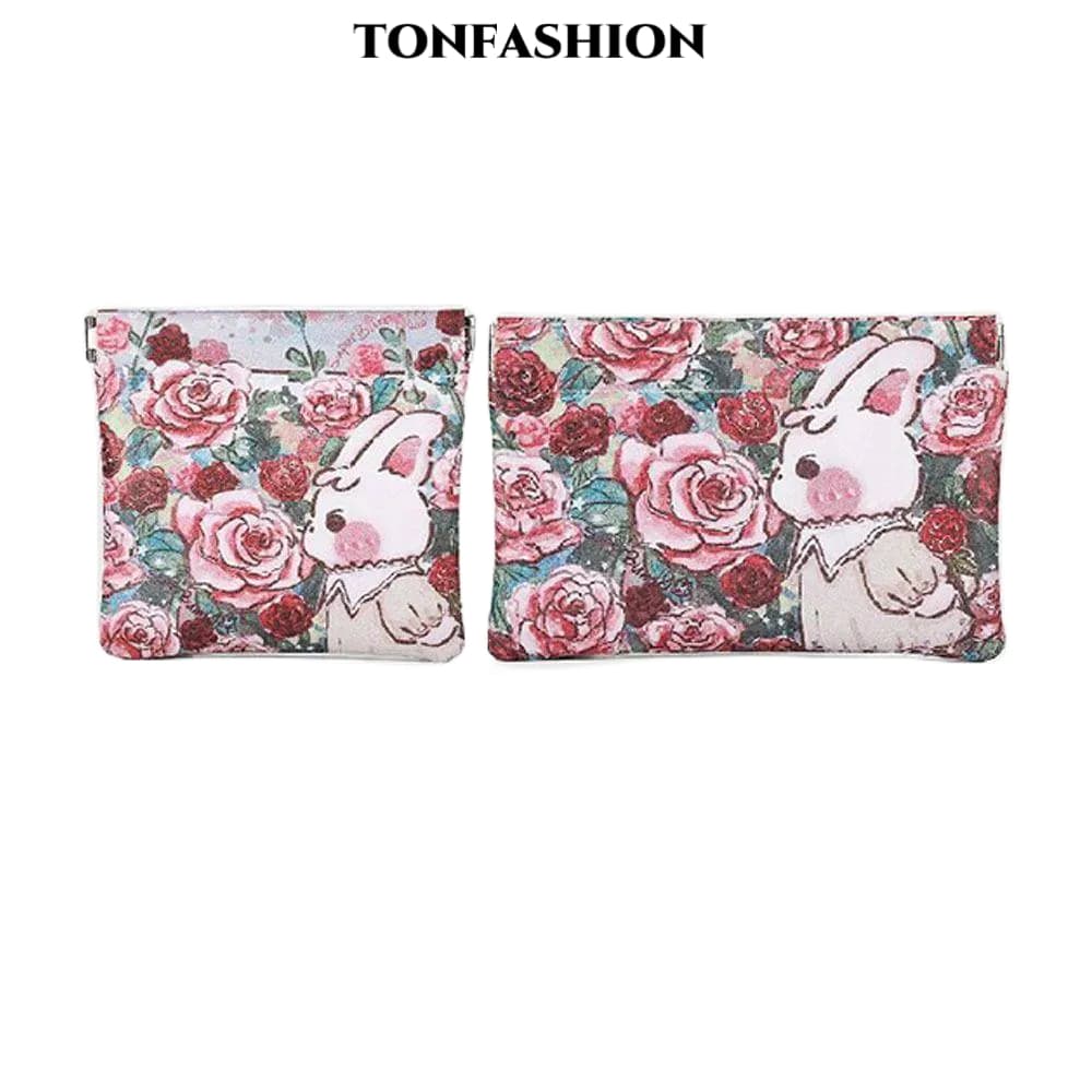 Tonfashion กระเป๋าใส่เหรียญ, กระเป๋าเครื่องสําอาง พิมพ์ลายกระต่าย PU, กระเป๋าปิดอัตโนมัติ แบบพกพา กันน้ํา ขนาดเล็ก สําหรับผู้หญิง