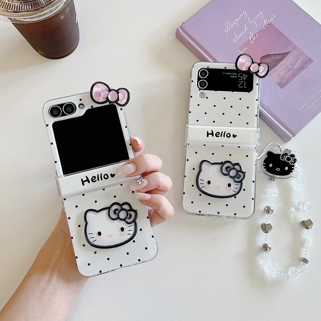 Flip7 การ์ตูน 3d polka dot Hello Kitty bow พร้อมโซ่ Flip6 Samsung Galaxy Z Flip5 กรณีน่ารัก Pura XCase ค้นหา N3 Flip Z Flip 3 Flip 4 5G hard กันกระแทกโทรศัพท์ความคิดสร้างสรรค์กรณีฝาครอบ