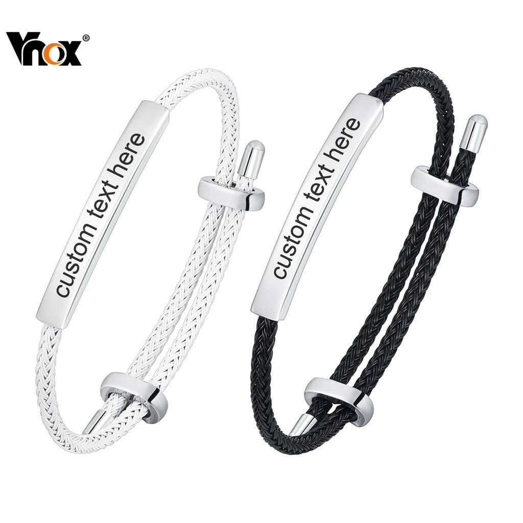 VNOX วีน็อกซ์ สร้อยข้อมือโค้งสแตนเลสแบบกําหนดเองสําหรับผู้ชายปรับแต่งเครื่องประดับชื่อแกะสลักฟรีสร้อยข้อมือเชือกปรับได้