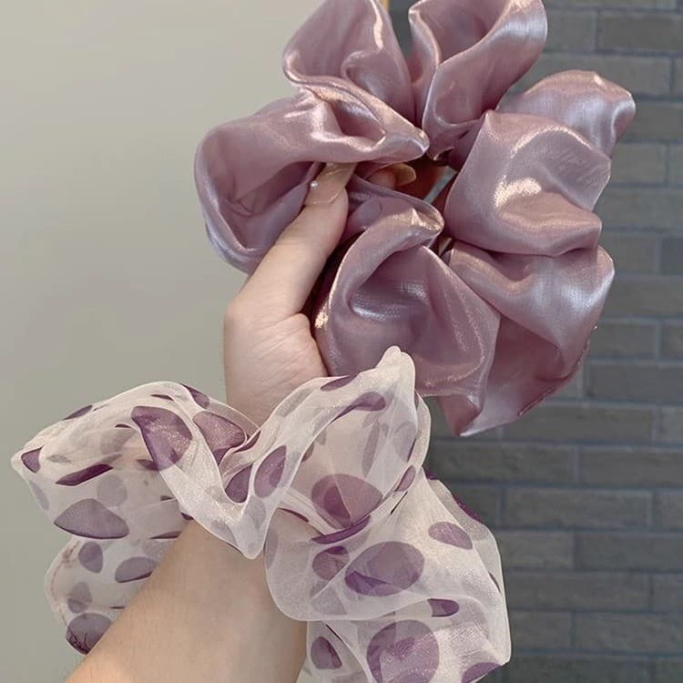 2025 Summer Purple Polka Dot Gauze Satin Scrunchy Hair Tie