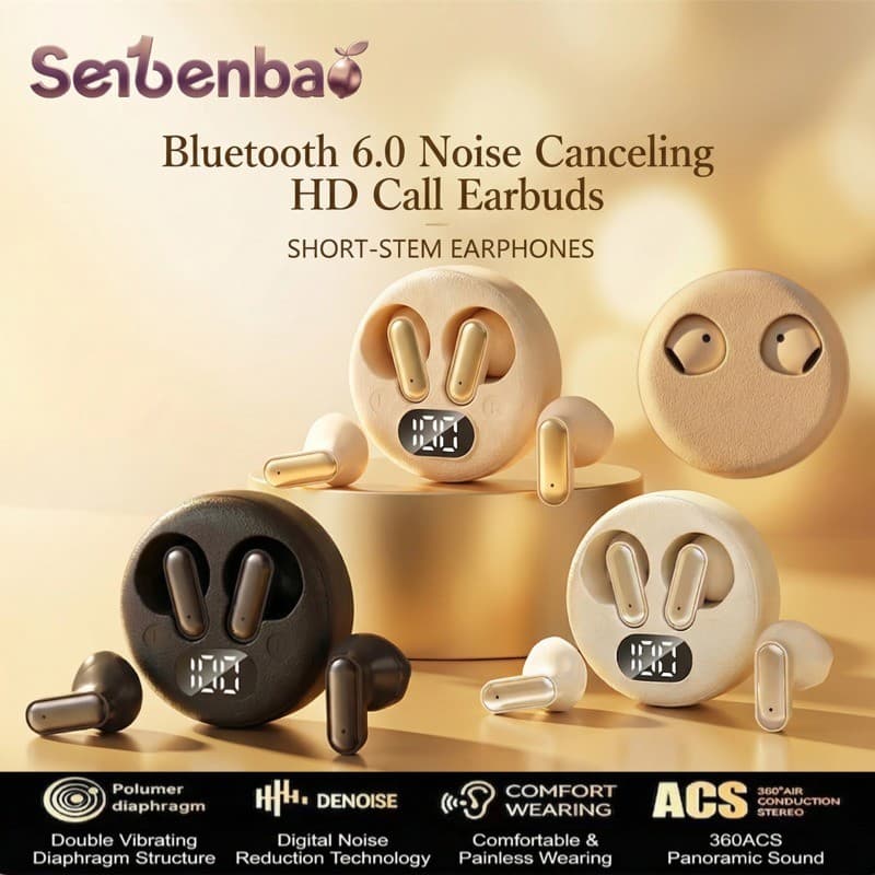 Senbenbao S19 หูฟังบลูทูธด้ามสั้นหน้ายิ้ม,ไฟฟ้า,ไฮไฟสเตอริโอ,แบตเตอรี่ LED,IPX5,หูฟัง ENC