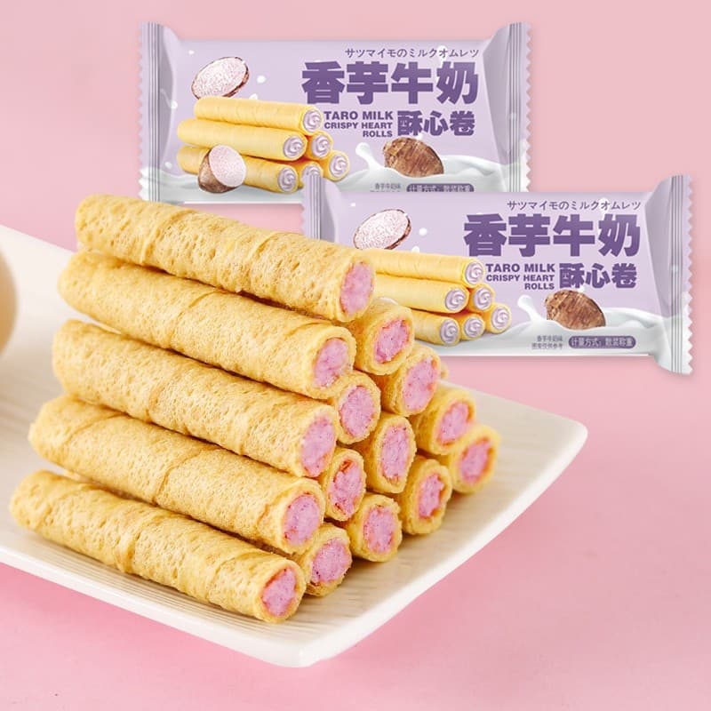 เวเฟอร์โรลสอดไส้นมเผือก ไข่ม้วนอบกรอบ เวเฟอร์ โรลสอดไส้ นมเผือก หอม หวาน กรอบ อร่อย เคี้ยวเพลิน
