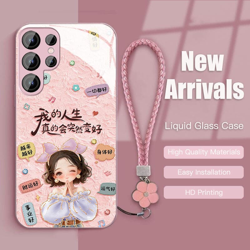 แฟชั่นสําหรับ Samsung Galaxy S25Ultra,S24,S23Ultra,A56,A55 Liquid Glass เคสโทรศัพท์ Hard กลับน่ารัก Lucky Girl ฝาครอบสายคล้องมือ pinkS22Ultra,S23FE,A54 A53 A52 A34 A14
