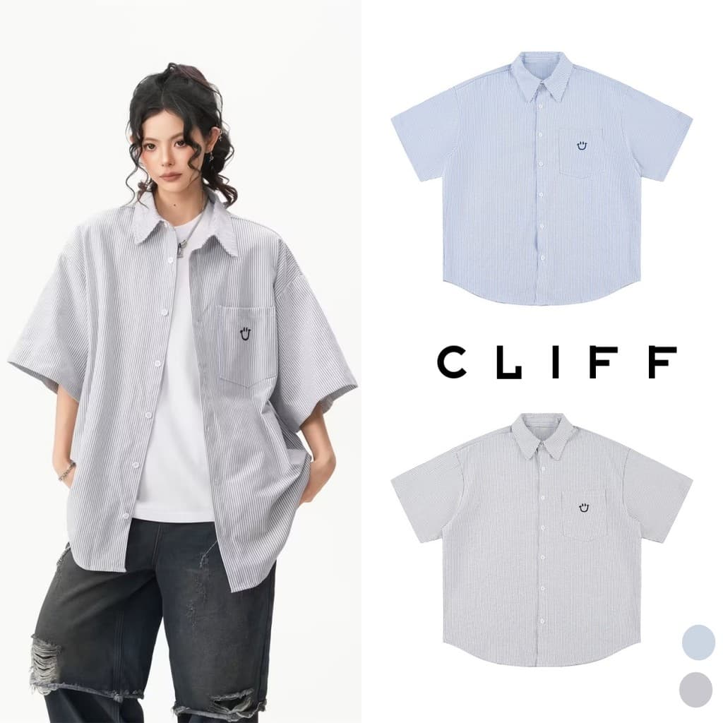 CLIFF เสื้อเชิ้ตลายทางฤดูร้อน  เรียบง่าย  ปกเสื้อ  สวมใส่ได้หลากหลายและลำลอง  สำหรับผู้ชายและผู้หญิง  ขนาด M-3XL รับCOD
