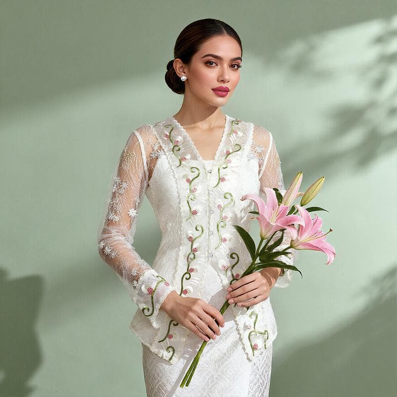 (เฉพาะตัวบน) Kebaya Modern Nyonya Women's Top เสื้อฉลุปักอย่างประณีต กระดุมแถวเดียว ดีไซน์ทรงเข้ารูป เน็คไทเอวหลัง