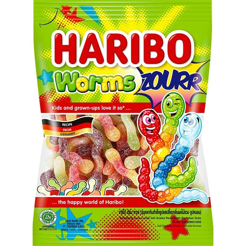ฮาริโบ้เวิร์มซาวร์วุ้นเจลลาตินรูปหนอน 80กรัม Haribo Worms Zourr Jally 80g. [หมายเลขบาร์โค้ด 8691216092525 ]