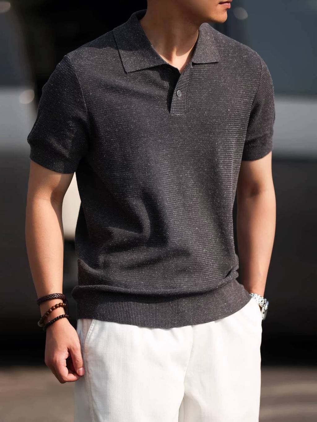 เสื้อโปโลผู้ชาย สไตล์พื้นฐาน ทำจากผ้าลินินและไทนเซล ใส่สบายสำหรับวันหยุดหรือการทำงาน