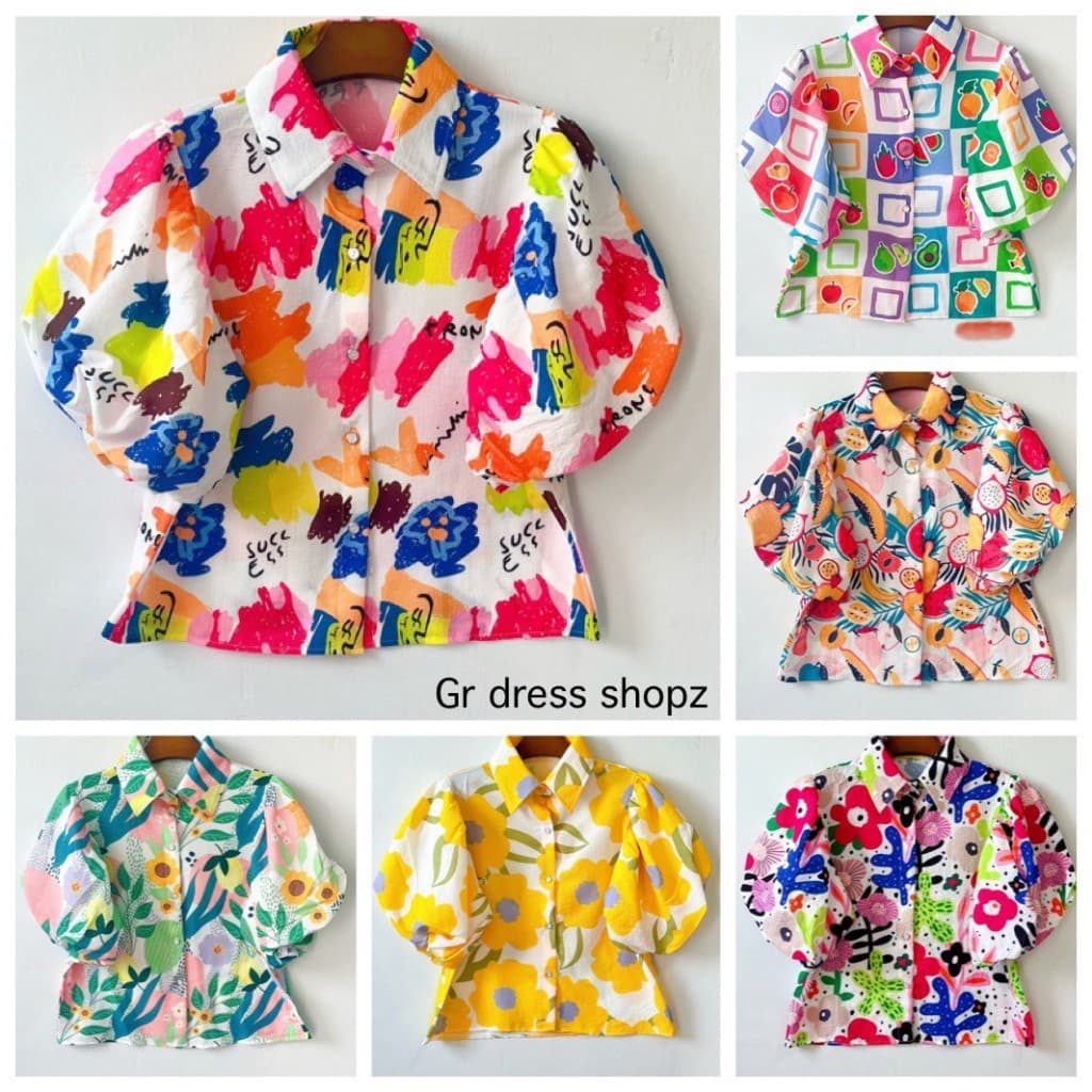 ป้าย Suri@Fashion เสื้อผ้าบับเบิ้ลพิมพ์ลายปกเชิ้ตแขนบอลลูน อก 40 นิ้ว