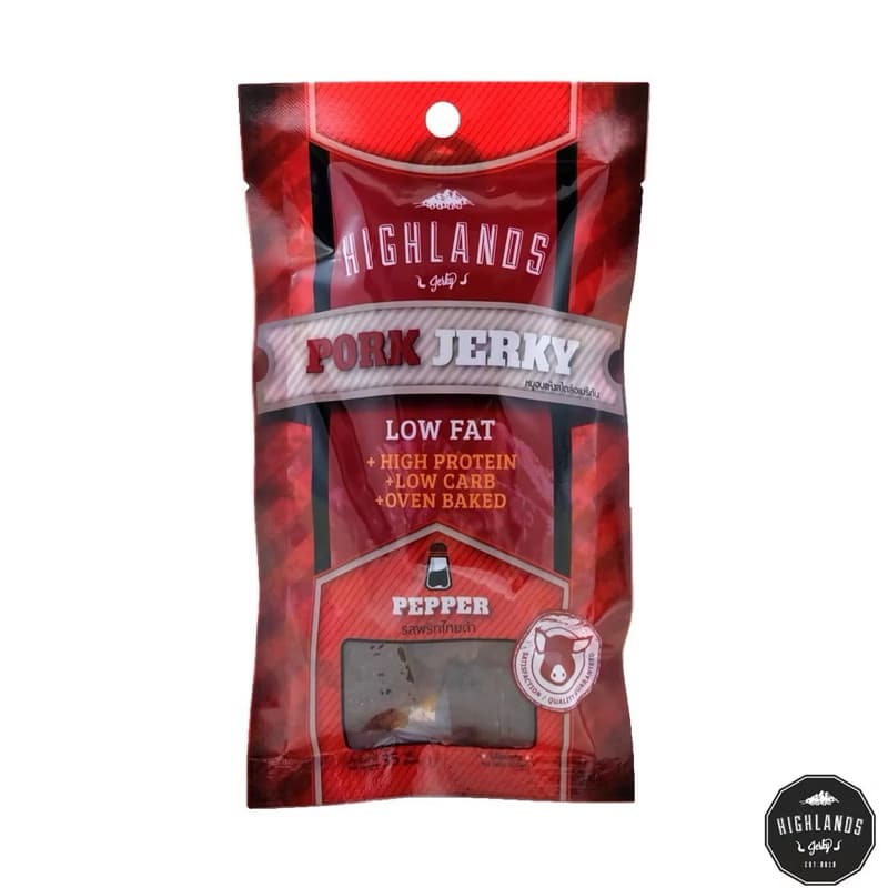 [ส่งด่วน] Highlands Pork/Beef Jerky original/pepper flavored 1 ซอง เนื้อหมู/เนื้อวัวอบแห้งรสพริกไทยดำ ปริมาณสุทธิ 35ก.
