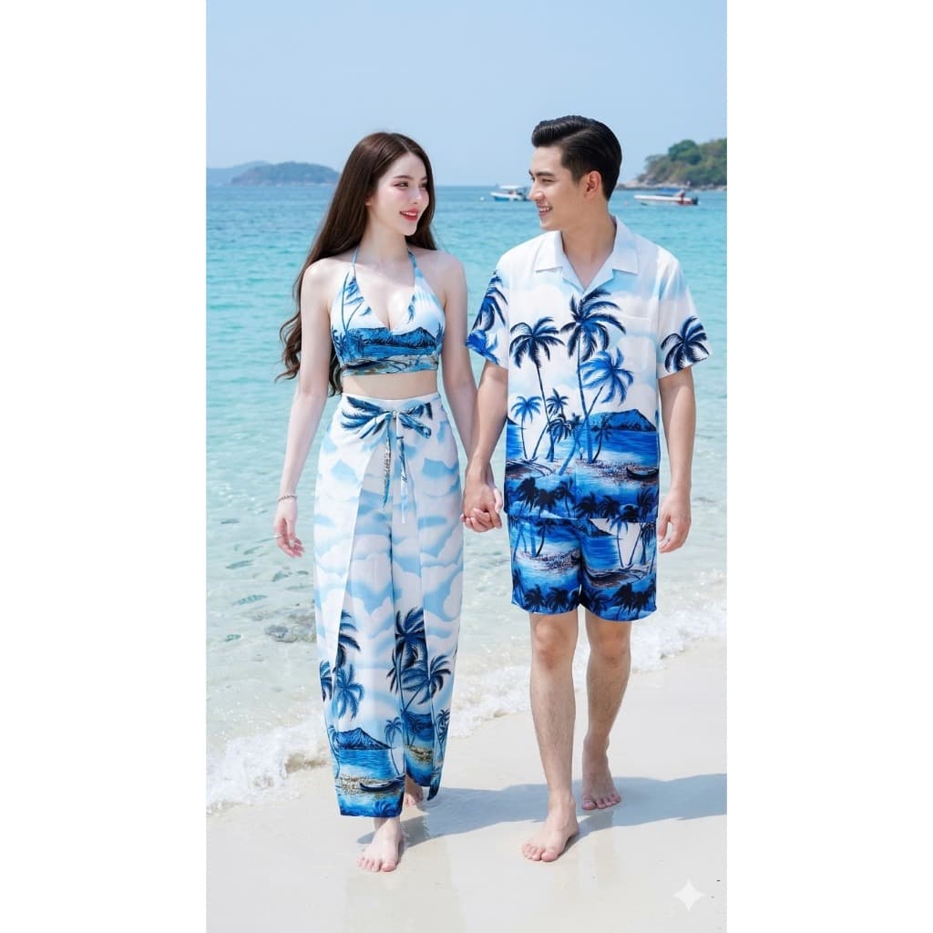 HAWAII SHIRTชุดคู่รักไปทะเล ลายมะพร้าว ชุดเซ็ตผู้ชาย ชุดบิกินี่+กางเกง4สาย