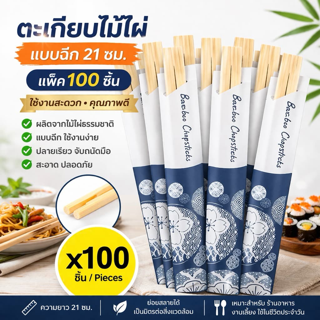 ตะเกียบญี่ปุ่น แบบฉีก ขนาด 21 ซม. แพ็ค 100 คู่ ตะเกียบฉีก ตะเกียบ  ตะเกียบไม้ไผ่ญี่ปุ่น ตะเกียบไม้ไผ่ญี่ปุ่นแบบฉีก
