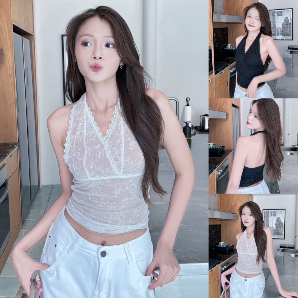 (ไม่ผลิตเพิ่ม)BEMYCHIC เสื้อคล้องคอลูกไม้ รุ่น Lace top