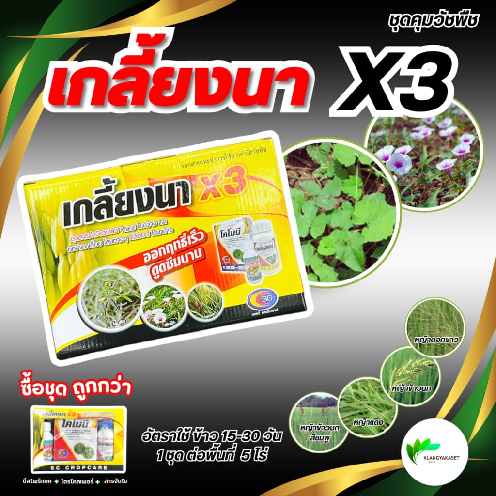 เกลี้ยงนา * 3  1 ชุดได้ 5 ไร่ ยาเก็บหญ้า ข้าวอายุ 15-30วัน กำจัดหญ้าใบแคบ ใบกว้าง