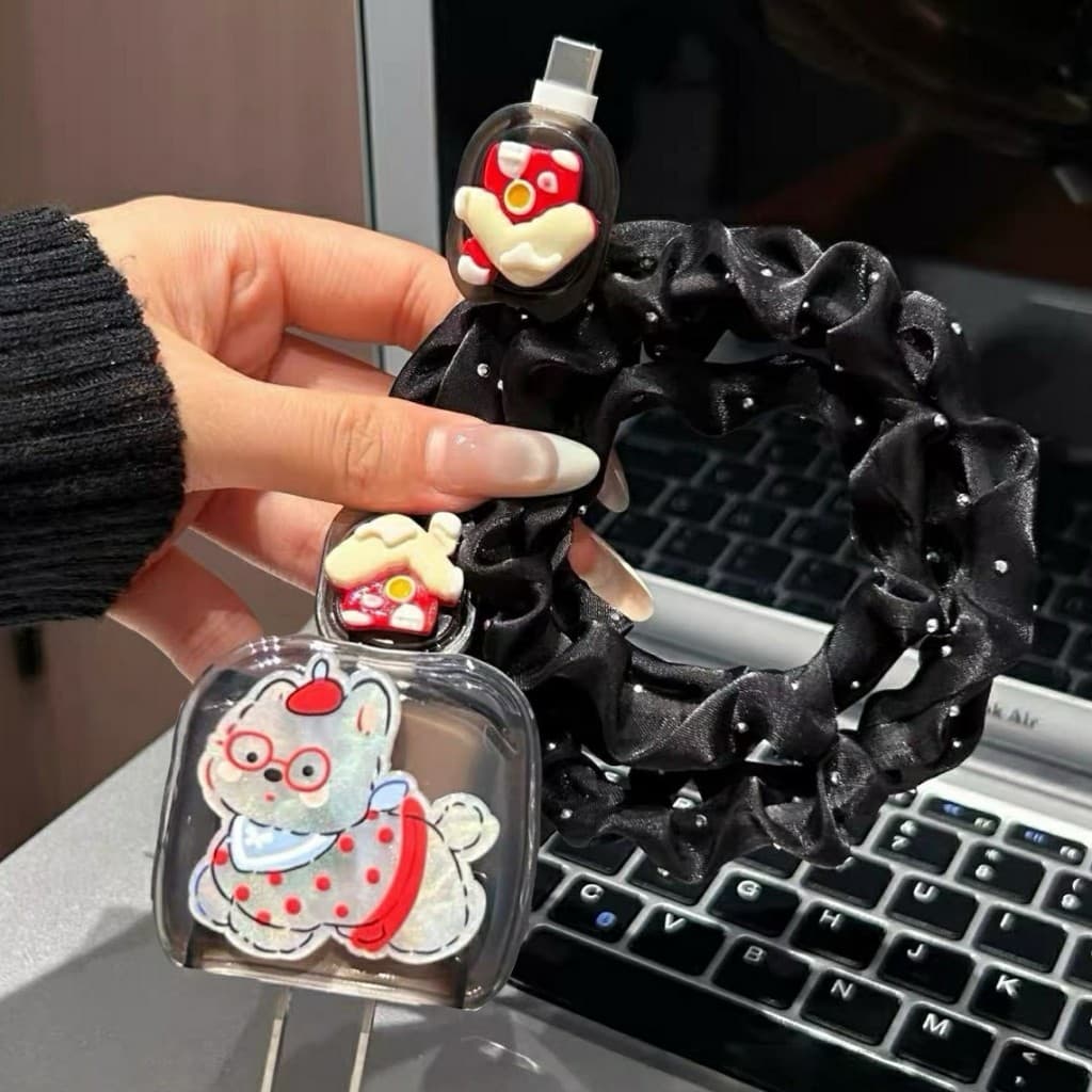 พร้อมส่งจากไทย หมาดำ ชุดพันสาย เคสหัวชาร์จ ลายการ์ตูน ตัวถนอมสาย USB สำหรับ iphone 20w 18w 35W