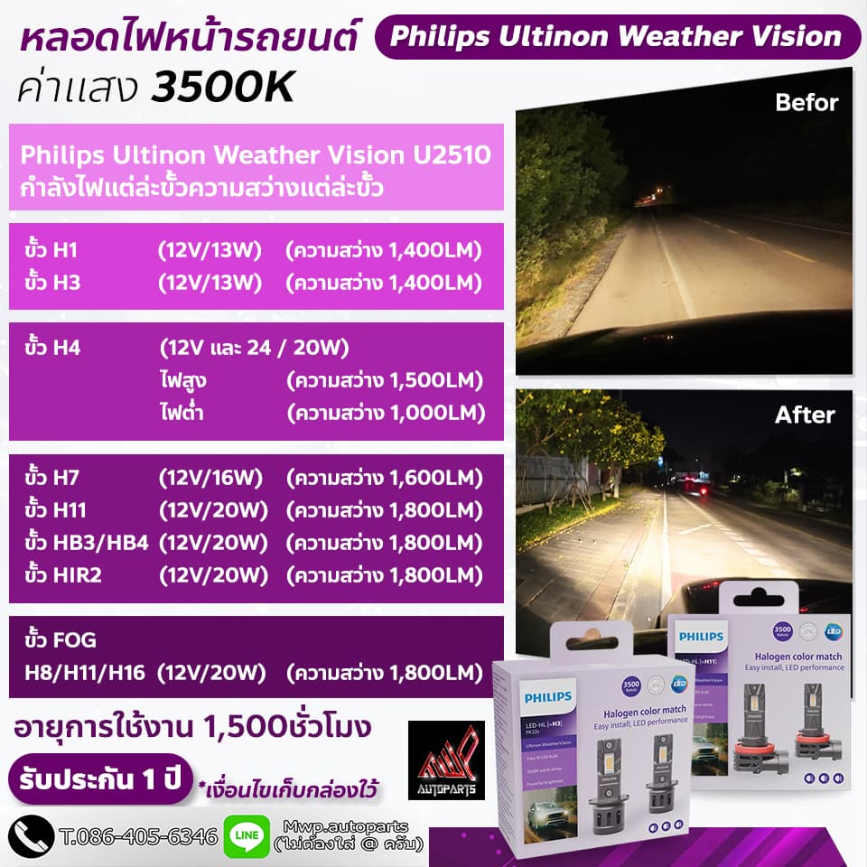 Philips Ultinon Weather Vision ค่าแสง 3500K U2510 (สินค้าของแท้ พร้อมส่ง) (1กล่อง มี 2หลอด)